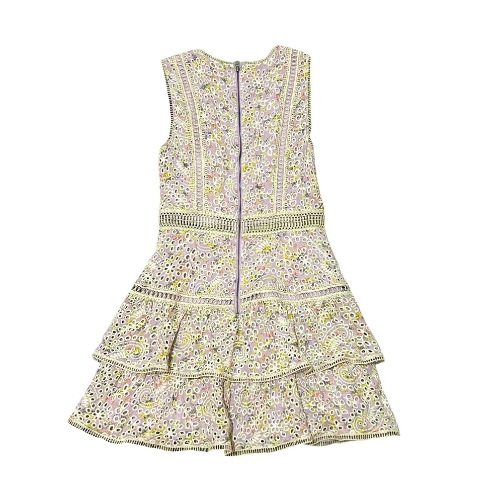 ALICE + OLIVIA Tonie Floral Lace Eyelet Tiered Ruffle Mini Sleeveless Dress - Picture 7 of 12